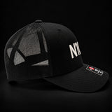 N1CE The Signature Trucker Cap in black, side view with mesh back